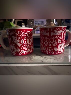 Cost Plus World Market Red and White Folk Bird Mugs (Set of 2)